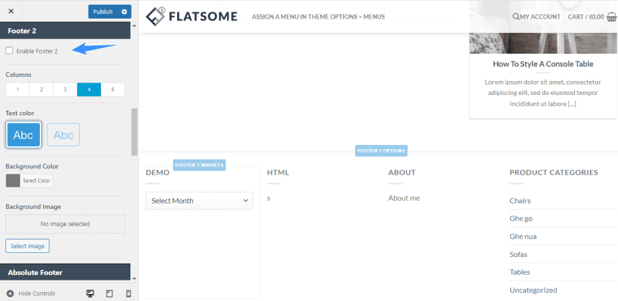 disable footer 2 trên theme flatsome