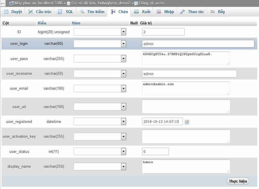 Nhập email mới vào trường user_email trong phpMyAdmin để cập nhật tài khoản WordPress