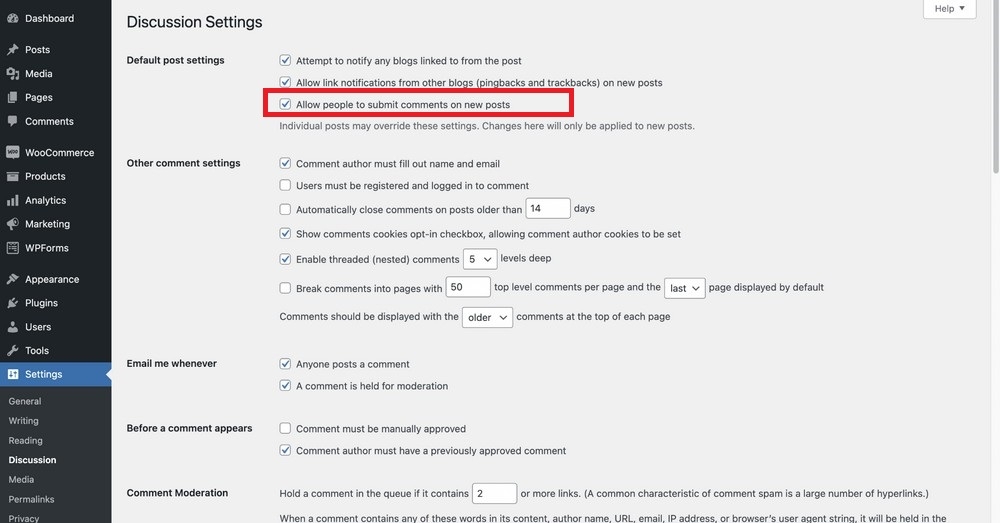 Bỏ chọn ở mục Allow people to submit comments on new posts