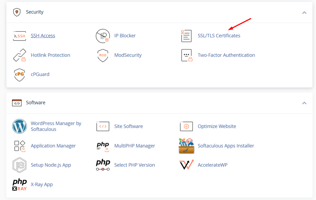 Truy cập mục SSL/TLS Certificates trong cPanel để cài đặt SSL