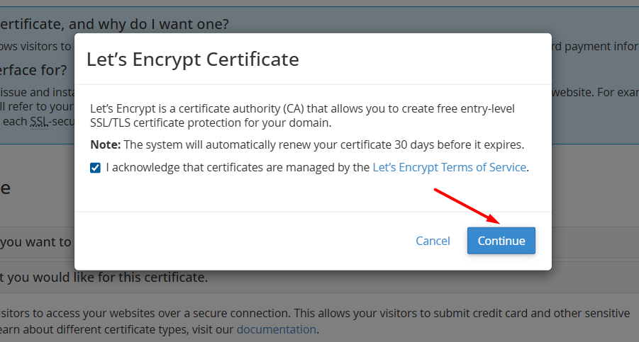 Xác nhận điều khoản dịch vụ khi cài SSL Let's Encrypt trên cPanel