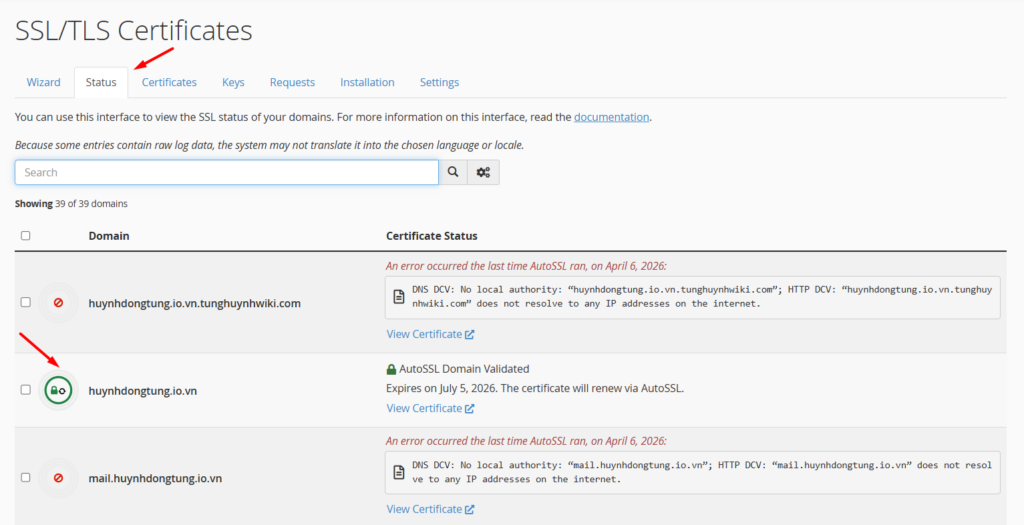 Kiểm tra trạng thái AutoSSL Domain Validated sau khi cài SSL thành công