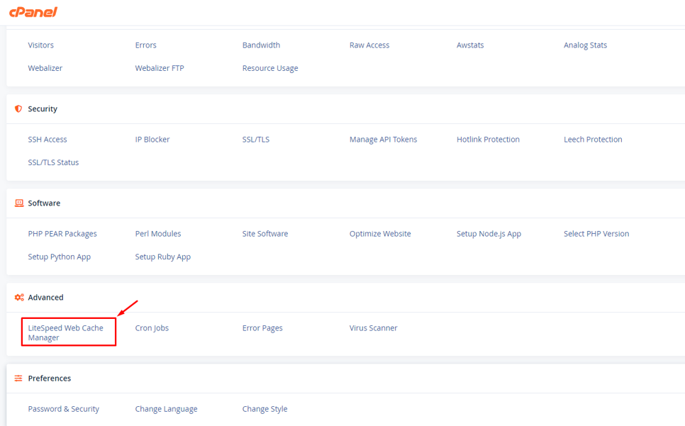 Vị trí LiteSpeed Web Cache Manager trong giao diện cPanel